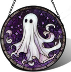 DASTOLL Stained Glass Window Hanging - Halloween Decorations White Ghost Purple Stars Suncatcher for Doors Garden Spooky Funny Sun Catchers Gothic Decor Horror Gifts for Women Men Friend 7.8 in