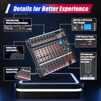 8 Channel Audio Mixer, Professional Audio Mixer with Bluetooth, 48V Phantom Power for Studio Recording, Karaoke and Live Performances