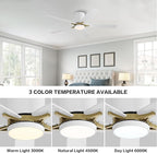 WINGBO 52" DC Flush Mount Ceiling Fan with Lights, 5 Plywood Blades, 6-Speed Reversible DC Motor, 3CCT, Low Profile Hugger Ceiling Fan for Living Room Bedroom Kitchen, White and Brass