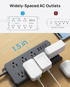 TROND 360° Rotating Plug Power Strip, ETL Listed, Flat Plug 10ft Extension Cord, 2 USB-A and 2 USB-C, Wall Mountable, 7 Widely-Spaced Outlets, 1700J Surge Protector, for Home Office, Black