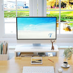 TEAMIX 20 inch White Monitor Stand Riser, Wood Desktop Stand for PC/TV/Laptop/Printer, White Monitor Riser with Storage, Computer Stand with Keyboard Organizer