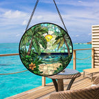 DASTOLL Stained Glass Window Hanging, Green Beach Scenery Suncatcher Diamond Glass Panel Hangings Sun Catchers Decor for Birthday for Women, Men, Wife, Aunt, and Mom 14.9x14.9 in