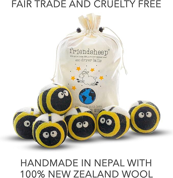 Friendsheep Wool Dryer Balls, Organic Reusable Fabric Softener Alternative for Laundry, Handmade, Fair Trade, Hypoallergenic, Eco-Friendly, Plastic-Free (6 Pack XL – Busy Bees)