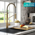 KRAUS Oletto Commercial Style Single Handle Pull Down Kitchen Faucet with QuickDock Top Mount Installation Assembly in Brushed Brass, KPF-2631BB