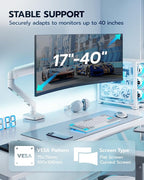 ARES WING Heavy Duty Single Monitor Arm - Fully Adjustable Monitor Mount for 17"-40" Ultrawide Screens Up to 26.4 lbs with Clamp/Grommet Desk Mount, 75/100 Vesa Mount, White
