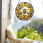 AMDERVEN Stained Glass Window Hanging - Yellow Flowers Surrounded by Bees Sun Catcher for Door Garden Home Decor Cute Suncatcher Christmas Mother's Day Birthday Gifts for Women Men Mom Nana 15 in