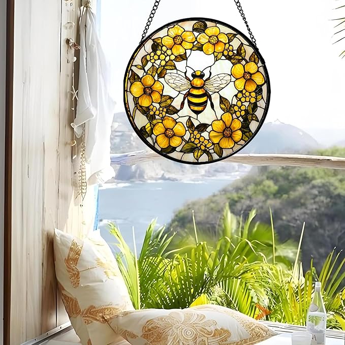 AMDERVEN Stained Glass Window Hanging - Yellow Flowers Surrounded by Bees Sun Catcher for Door Garden Home Decor Cute Suncatcher Christmas Mother's Day Birthday Gifts for Women Men Mom Nana 11.8 in