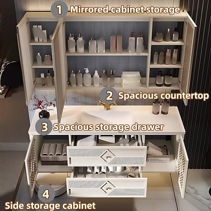 52IN Luxury Floating Bathroom Vanity - Single Sink Bathroom Vanities has Smart Defog Mirror & Slate Countertop | Woven Rattan Perforated Door Panel, LED Lights, 2 Drawers (Style A)