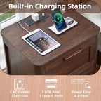 Joaxswe Farmhouse Nightstand Set of 2 with Charging Station, End Tables Bedroom with 2 Large Drawers & 4 Thickened Table Legs, Walnut