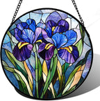 CRISGIF Stained Glass Window Hanging - Blue Purple Iris Flower Suncatcher for Door Garden Patio Sun Catchers Decor Christmas Mother's Day Birthday Gifts for Women Men Mom Nana Aunt Friend 11.8 in