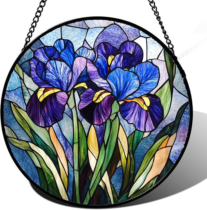 CRISGIF Stained Glass Window Hanging - Blue Purple Iris Flower Suncatcher for Door Garden Patio Sun Catchers Decor Christmas Mother's Day Birthday Gifts for Women Men Mom Nana Aunt Friend 6.3 in