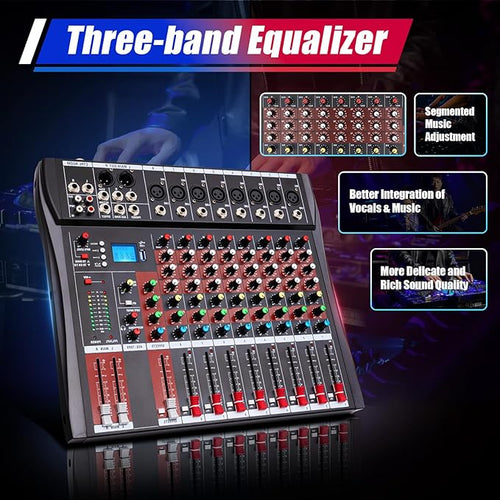 8 Channel Audio Mixer, Professional Audio Mixer with Bluetooth, 48V Phantom Power for Studio Recording, Karaoke and Live Performances