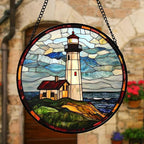 DASTOLL Stained Glass Window Hanging, Ocean Lighthouse Sun Catchers Glass Panel Blue Green Suncatcher Decor for Birthday for Women, Men, Wife, Aunt, and Mom 9.8 in