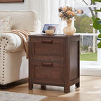 Joaxswe Farmhouse Nightstand Set of 2 with Charging Station, End Tables Bedroom with 2 Large Drawers & 4 Thickened Table Legs, Walnut