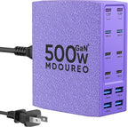 500W USB C Charger Block, 12-Port USB C Charging Station for Multiple Devices, Leather Texture Dual PD 65W Laptop Fast Charger Compatible with MacBook Pro/Air, iPad, iPhone,Galaxy and More,Purple