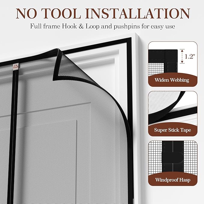 Yotache Magnetic Screen Door Fits Door Size 48 x 96, Screen Size 50" x 97" High-Density Fiberglass Mesh with Powerful Magnets & Windproof Hasp for Sliding Doors Black