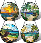DASTOLL Stained Glass Window Hanging 4 Pcs Set Blue Ocean Coconut Tree Scenery 9.8" - Suncatcher Door Garden Sun Catcher Decor Birthday Christmas for Mom Woman Nana Men