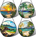 DASTOLL Stained Glass Window Hanging 4 Pcs Set Blue Ocean Coconut Tree Scenery 7.8" - Suncatcher Door Garden Sun Catcher Decor Birthday Christmas for Mom Woman Nana Men