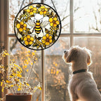 AMDERVEN Stained Glass Window Hanging - Yellow Flowers Surrounded by Bees Sun Catcher for Door Garden Home Decor Cute Suncatcher Christmas Mother's Day Birthday Gifts for Women Men Mom Nana 11.8 in