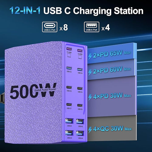 500W USB C Charger Block, 12-Port USB C Charging Station for Multiple Devices, Leather Texture Dual PD 65W Laptop Fast Charger Compatible with MacBook Pro/Air, iPad, iPhone,Galaxy and More,Purple