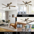 WINGBO 48 Inch Flush Mount DC Ceiling Fan with Lights and Remote, 5 Reversible Carved Wood Blades, 6-Speed Noiseless DC Motor, Hugger Ceiling Fan in Graphite Finish with Gray Blades, ETL Listed