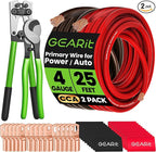 GEARit 4 Gauge CCA Ground Wire (25FT Each - Black and Red) All-in-One Kit: Crimping Tool, Cutter, 15 Lugs, and 20 Heat Shrink Wrap