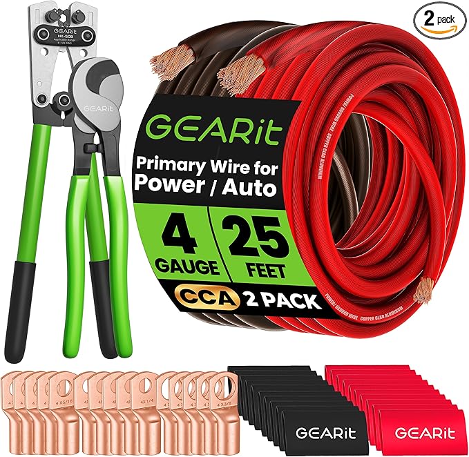 GEARit 4 Gauge CCA Ground Wire (25FT Each - Black and Red) All-in-One Kit: Crimping Tool, Cutter, 15 Lugs, and 20 Heat Shrink Wrap