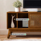 LKTART 68 Inch Mid Century Modern TV Stand with Rattan Doors, MCM Entertainment Center Media Console for 60/65/70/75 inch TVs, Long Boho Television Stand for Living Room, Light Walnut