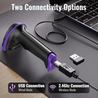 Tera Barcode Scanner Wireless Versatile 2-in-1 (2.4Ghz Wireless+USB 2.0 Wired) with Battery Level Indicator, 328 Feet Transmission Distance Rechargeable 1D Laser Bar Code Reader Handheld 5100 Purple