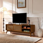 LKTART Mid Century Modern TV Stand for 55/60/65 inch TV,Boho Rattan Media Console with Sliding Doors for Living Room (Light Walnut, 59")