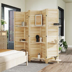 HOMCOM Room Divider, 5 Panel 67" Tall Wood Privacy Screen with 3 Display Shelves, and Folding Storage for Bedroom or Home Office, Natural Wood