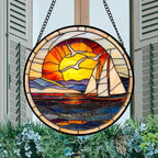 DASTOLL Stained Glass Window Hanging, Sun Ocean Sailboat Seagull Abstract Suncatcher Diamond Glass Panel Sun Catchers Decor for Birthday for Women, Men, Wife, Aunt, and Mom 14.9x14.9 in