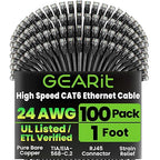 GEARit Cat 6 Ethernet Cable Pack - 100-Pack 1 ft Cat6 Ethernet Patch Cables | RJ45 Network Patch Cable, 10 Gbps Snagless Gold-Plated Connectors - Ethernet Cable Cat 6 for PC, TV, Router - Black