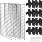 NACETURE Grid Wall Panels- 4 Pcs 2x4 ft Black Grid Wall Panel Display with 16 Gridwall Hooks & 10 S-Hooks, Space Saving Wire Mesh Panels for Retail, Garage, Home & Office Storage