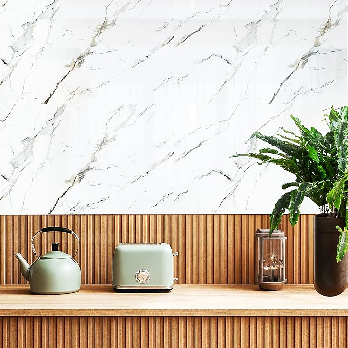 Dundee Deco Faux Marble Wall Panels - 2 ft X 4 ft - Glossy, Waterproof Indoor Wall Cladding - White, Grey, Tan Veins - Set of 4 - Covers 31 sq ft