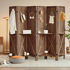 Aleesing 6 Panel Pegboard Display with Shelf, Wooden Pegboard Room Divider Wall with 24 Hooks, Partition Room Dividers and Folding Privacy Screens, Bedroom, Jewelry Store, Brown