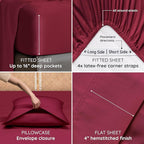 Bambaw Queen Size 4pcs Cooling Sheets Set 100% Viscose Derived from Bamboo, Luxury Bedding, Soft Sheets, Deep Pocket Fits Up to 16'' Mattresses (Burgundy)