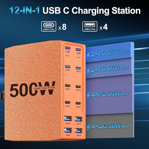 500W USB C Charger Block, 12-Port USB C Charging Station for Multiple Devices, Leather Texture Dual PD 65W Laptop Fast Charger Compatible with MacBook Pro/Air, iPad, iPhone,Galaxy and More,Orange