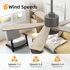 WINGBO 48 Inch DC Ceiling Fan with Lights and Remote Control, 5 Carved Solid Wood Blades, 6-Speed Noiseless Reversible DC Motor, Indoor Ceiling Fan in Graphite Finish with Gray Blades
