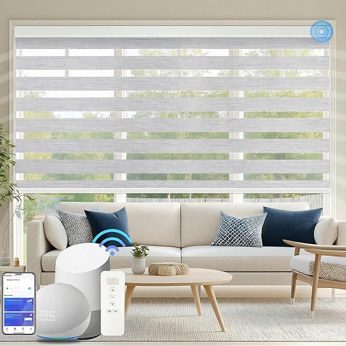 COOLWINDS Motorized Zebra Blinds for Windows Cordless Electric Curtains with Remote Control Blackout Shades Custom Smart Blinds Compatible with Alexa Google Home(95% Blackout Grey,W53 X 72in)
