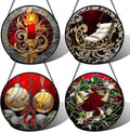 AMDERVEN Stained Glass Window Hanging 4 Pcs Set Christmas Golden Bell Sleigh Large 15" - Suncatcher Door Garden Sun Catcher Decor Birthday Mother's Day Xmas Gifts for Mom Woman Nana Men Parents