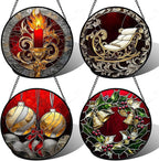 AMDERVEN Stained Glass Window Hanging 4 Pcs Set Christmas Golden Bell Sleigh 7.8" - Suncatcher Door Garden Sun Catcher Decor Birthday Mother's Day Xmas Gifts for Mom Woman Nana Men Parents