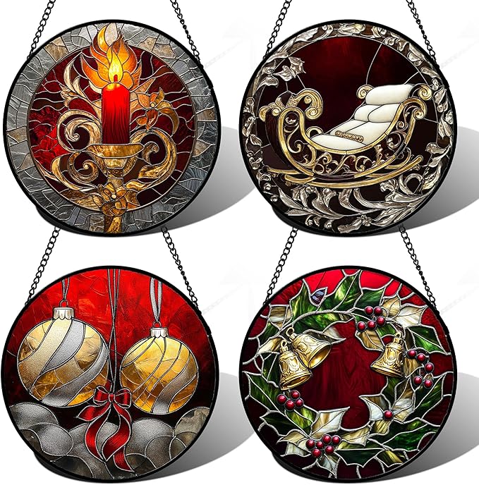 AMDERVEN Stained Glass Window Hanging 4 Pcs Set Christmas Golden Bell Sleigh 7.8" - Suncatcher Door Garden Sun Catcher Decor Birthday Mother's Day Xmas Gifts for Mom Woman Nana Men Parents