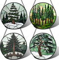 AMDERVEN Stained Glass Window Hanging 4 Pcs Set Forest Green Trees Winter Snow Large 11.8" - Suncatcher Door Garden Sun Catcher Home Decor Birthday Mother's Day for Woman Nana Mom Men