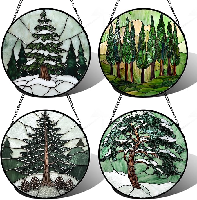 AMDERVEN Stained Glass Window Hanging 4 Pcs Set Forest Green Trees Winter Snow Large 11.8" - Suncatcher Door Garden Sun Catcher Home Decor Birthday Mother's Day for Woman Nana Mom Men