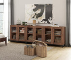 WAMPAT Modern TV Stand with Glass Doors for 110 inch TVs, Farmhouse Entertainment Center TV Console with Adjustable Shelves for Living Room, Bedroom, Brown