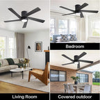 WINGBO 48 Inch Flush Mount DC Ceiling Fan with Lights and Remote, 5 Reversible Carved Wood Blades, 6-Speed Noiseless DC Motor, Hugger Ceiling Fan in Black Finish, Low Profile Ceiling Fans, ETL Listed