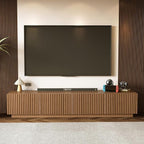 86.61" Mid-Century Modern TV Stand, Walnut Entertainment Center with 4 Doors & Adjustable Shelves, Large Wooden Media Console Cabinet for Living Room & Bedroom, Sturdy & Easy Assembly，Walnut