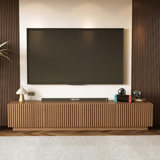 86.61" Mid-Century Modern TV Stand, Walnut Entertainment Center with 4 Doors & Adjustable Shelves, Large Wooden Media Console Cabinet for Living Room & Bedroom, Sturdy & Easy Assembly，Walnut