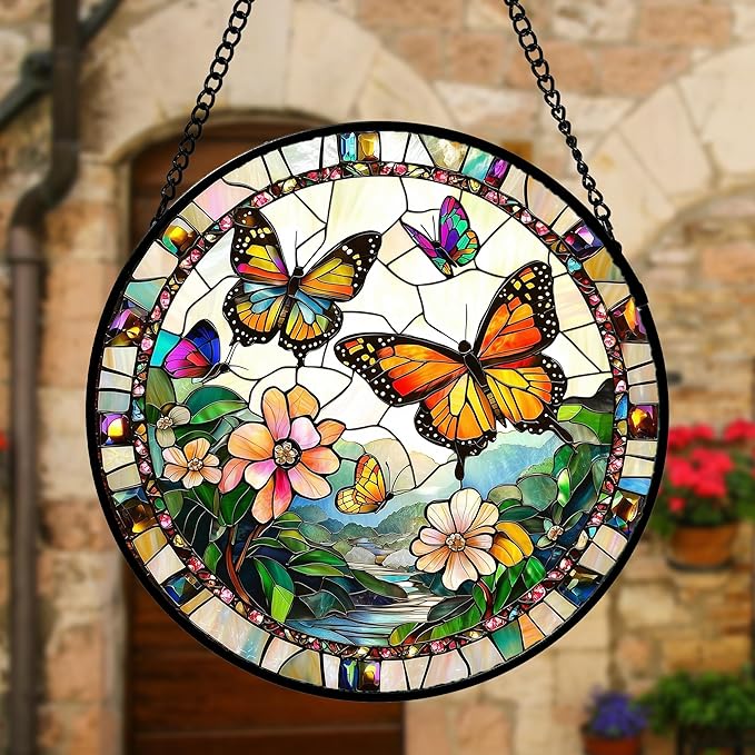 DASTOLL Stained Glass Window Hanging, Butterflies Flying in The Sky Suncatcher for Doors Home Sun Catchers Decoration and Christmas, Mother's Day Birthday Gifts for Women, Men, and Mom 7.8 in